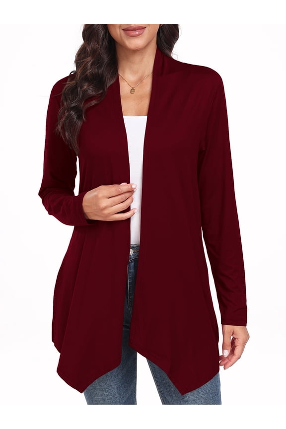 Womens Casual Lightweight with Pocketes Long Sleeve Open Front Cardigan Wine Red-L