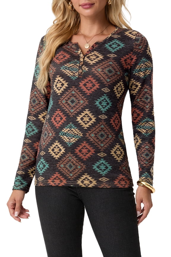 Womens Long Sleeve T Shirts Western Henley Tops Ladies Cowboy Chic Graphic Tees Aztec Casual V Neck Loose Fit Blouse Brown Blue Diamond L