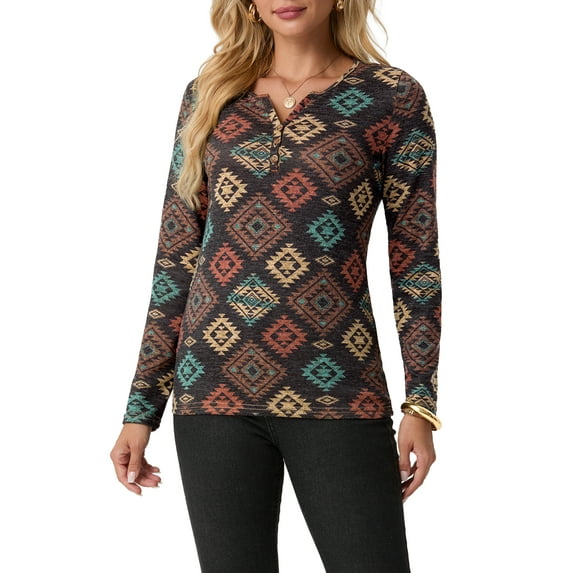 JWD Womens Long Sleeve T Shirts Western Henley Tops Ladies Cowboy Chic Graphic Tees Aztec Casual V Neck Loose Fit Blouse Brown Blue Diamond XL