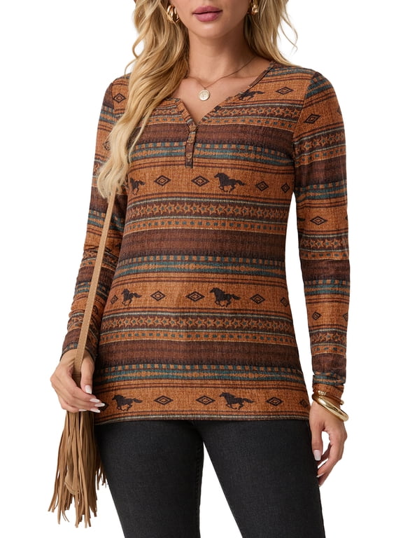 Womens Long Sleeve T Shirts Western Henley Tops Ladies Cowboy Chic Graphic Tees Aztec Casual V Neck Loose Fit Blouse Horse Diamond Stripe L