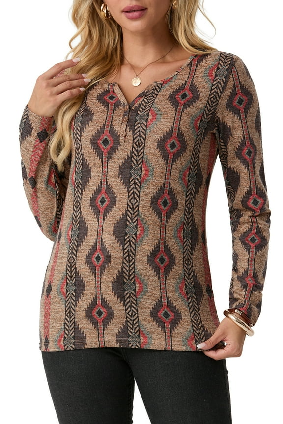 Womens Long Sleeve T Shirts Western Henley Tops Ladies Cowboy Chic Graphic Tees Aztec Casual V Neck Loose Fit Blouse Pink Brown Diamond L