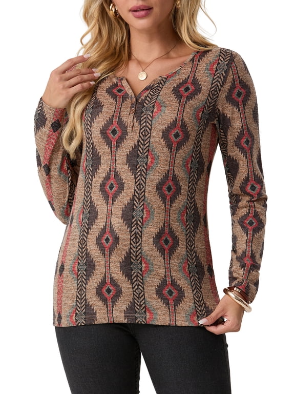 Womens Long Sleeve T Shirts Western Henley Tops Ladies Cowboy Chic Graphic Tees Aztec Casual V Neck Loose Fit Blouse Pink Brown Diamond M