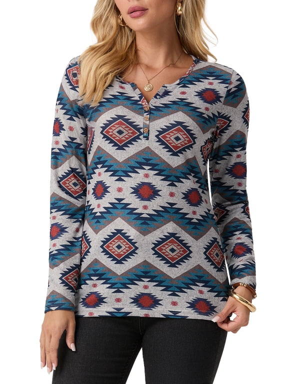 Womens Long Sleeve T Shirts Western Henley Tops Ladies Cowboy Chic Graphic Tees Aztec Casual V Neck Loose Fit Blouse White Five Geometry L