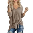 thumbnail image 1 of JWD Womens Loose Blouse Long Sleeve V Neck Button Down T Shirts Tie Front Knot Casual Tops Khaki L, 1 of 6