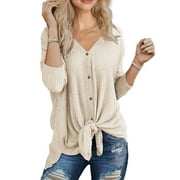 JWD Womens Loose Blouse Long Sleeve V Neck Button Down T Shirts Tie Front Knot Casual Tops Oatmea L