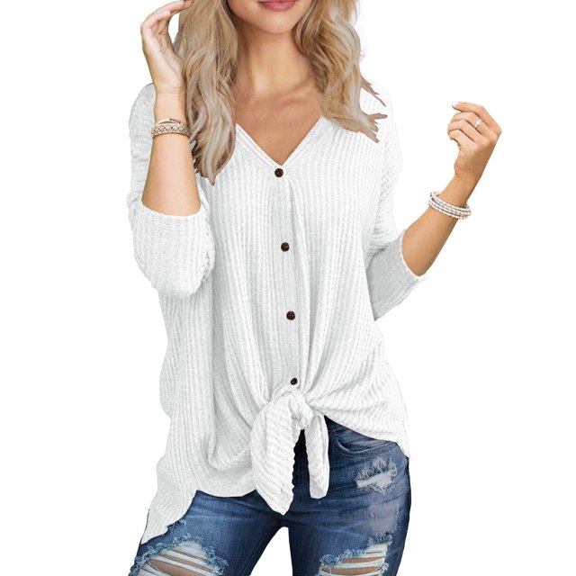 JWD Womens Loose Blouse Long Sleeve V Neck Button Down T Shirts Tie ...