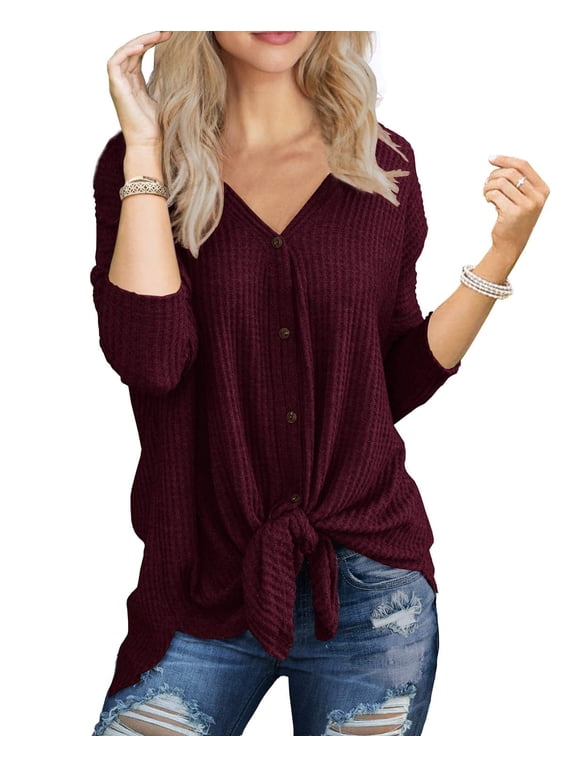 Womens Loose Blouse Long Sleeve V Neck Button Down T Shirts Tie Front Knot Casual Tops Wine Red 2XL