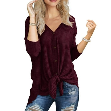 JWD Womens Loose Blouse Long Sleeve V Neck Button Down T Shirts Tie Front Knot Casual Tops Wine Red L