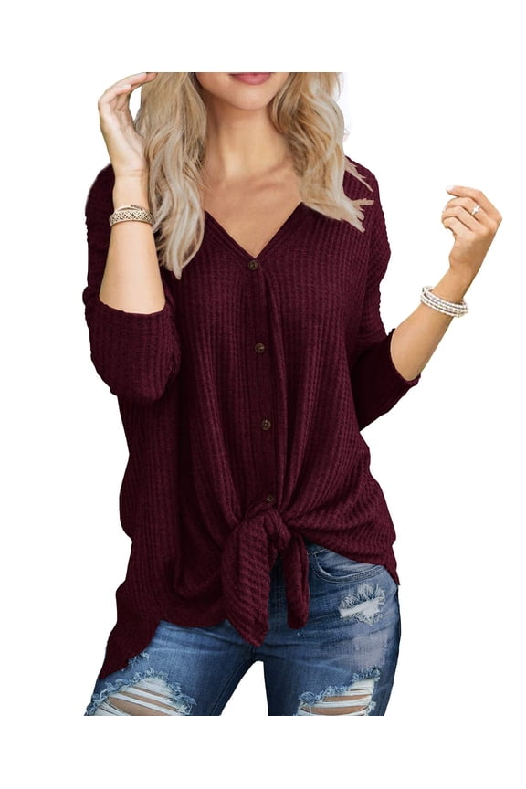 Womens Loose Blouse Long Sleeve V Neck Button Down T Shirts Tie Front Knot Casual Tops Wine Red M