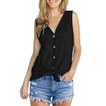 JWD Womens Loose Henley Blouse Sleeveless Button Down T Shirts Tie Front Knot Tops Black L
