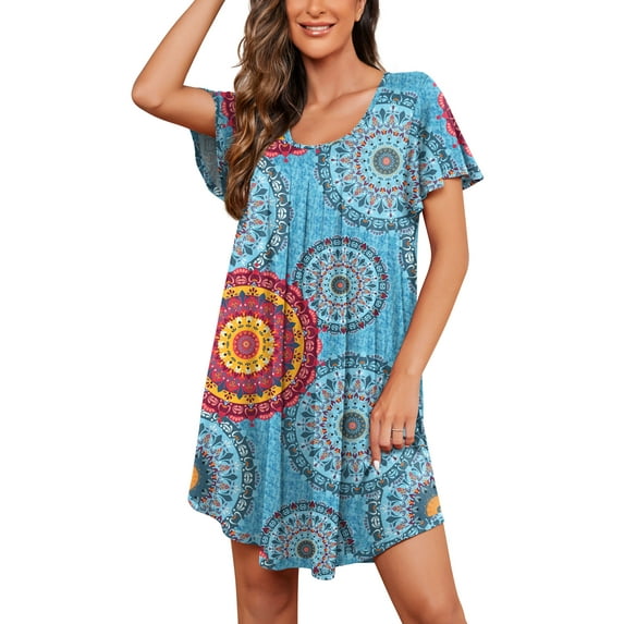 JWD Womens Nightgown Short Sleeves Sleepwear Soft Loose Sleepshirt Scoopneck Pleated Nightshirt Loungewear