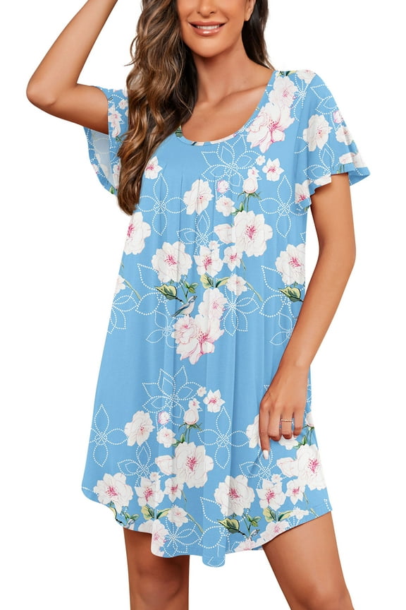 Womens Nightgown Short Sleeves Sleepwear Soft Loose Sleepshirt Scoopneck Pleated Nightshirt Loungewear