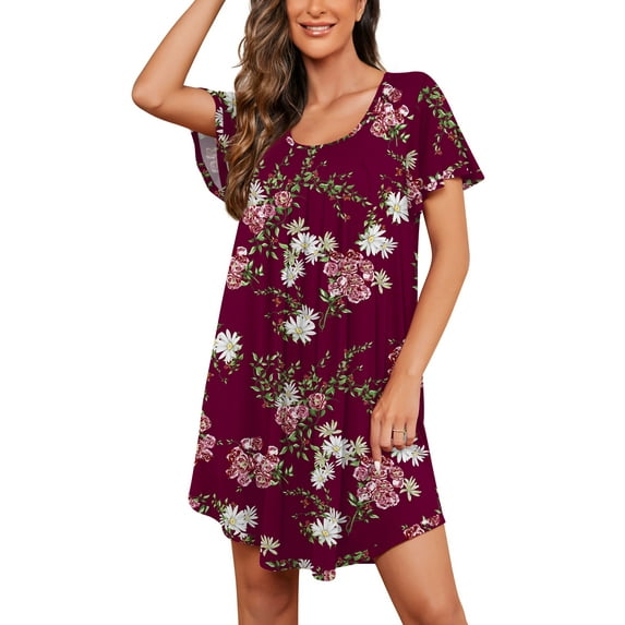 JWD Womens Nightgown Short Sleeves Sleepwear Soft Loose Sleepshirt Scoopneck Pleated Nightshirt Loungewear