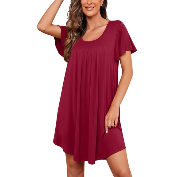 JWD Womens Nightgown Short Sleeves Sleepwear Soft Loose Sleepshirt Scoopneck Pleated Nightshirt Loungewear