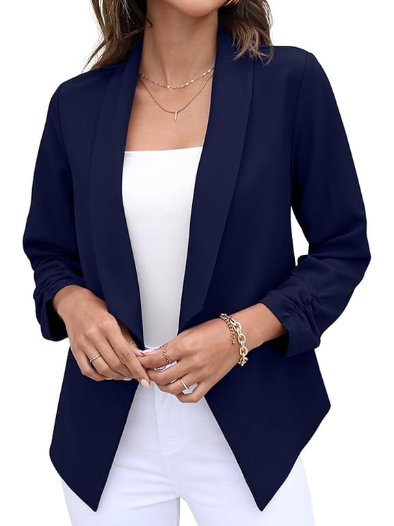 Womens Open Front Blazer Jacket 3/4 Ruched Sleeve Lightweight Business Casual Office Work Coats Navy Blue 12