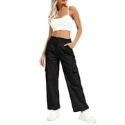 JWD Womens Parachute Cargo Pants with Pockets Quick Dry Hiking Pants Lightweight Water-Resistant Baggy Joggers Black L