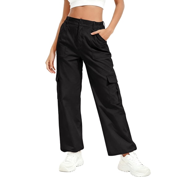 JWD Womens Parachute Cargo Pants with Pockets Quick Dry Hiking Pants Lightweight Water-Resistant Baggy Joggers Black L