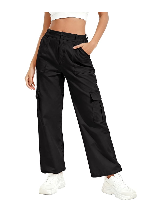 Womens Parachute Cargo Pants with Pockets Quick Dry Hiking Pants Lightweight Water-Resistant Baggy Joggers Black L