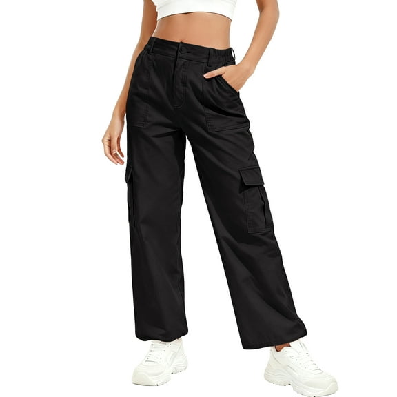 JWD Womens Parachute Cargo Pants with Pockets Quick Dry Hiking Pants Lightweight Water-Resistant Baggy Joggers Black L