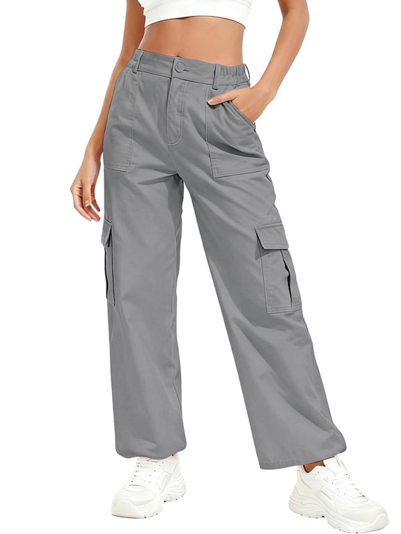 Womens Parachute Cargo Pants with Pockets Quick Dry Hiking Pants Lightweight Water-Resistant Baggy Joggers Dark Gray L
