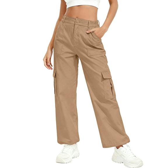 JWD Womens Parachute Cargo Pants with Pockets Quick Dry Hiking Pants Lightweight Water-Resistant Baggy Joggers Khaki L