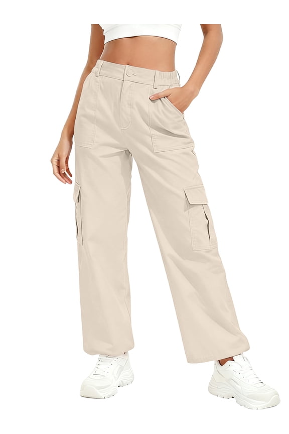 Womens Parachute Cargo Pants with Pockets Quick Dry Hiking Pants Lightweight Water-Resistant Baggy Joggers Light Apricot L