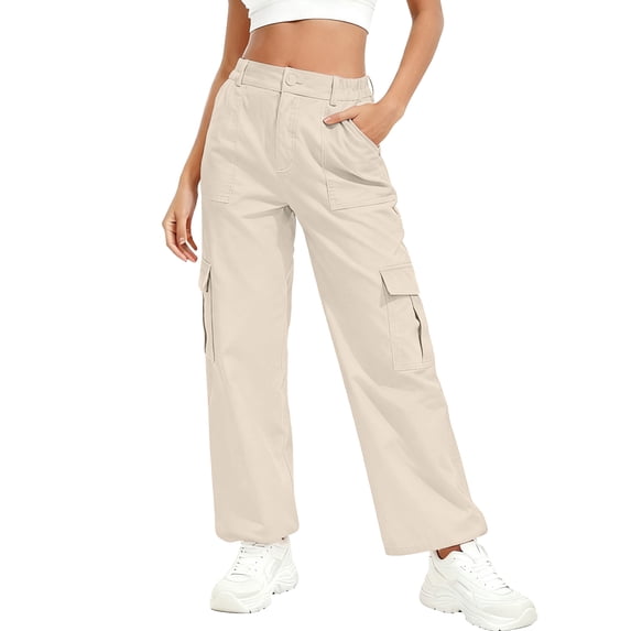 JWD Womens Parachute Cargo Pants with Pockets Quick Dry Hiking Pants Lightweight Water-Resistant Baggy Joggers Light Apricot M