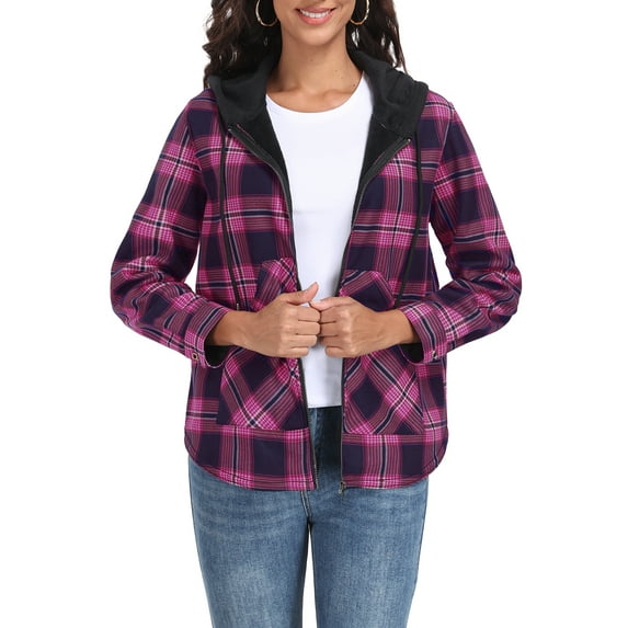 JWD Womens Plaid Shacket Jacket Long Sleeve Button Down Fleece Hooded Jackets Warm Coat