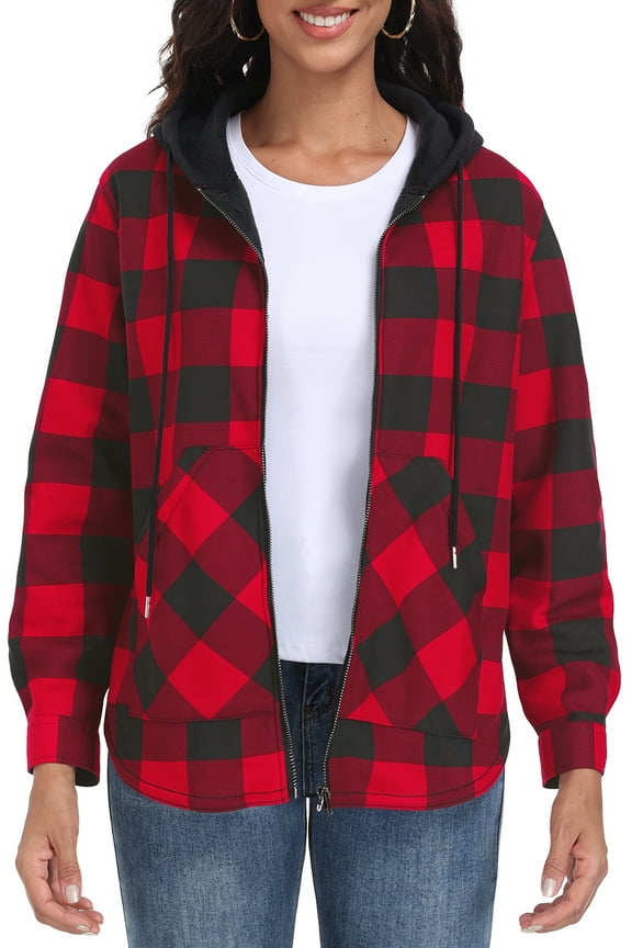 Womens Plaid Shacket Jacket Long Sleeve Button Down Fleece Hooded Jackets Warm Coat