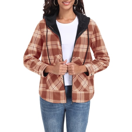 JWD Womens Plaid Shacket Jacket Long Sleeve Button Down Fleece Hooded Jackets Warm Coat