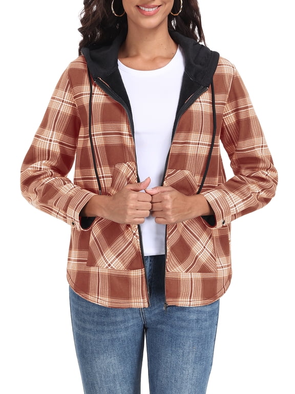 Womens Plaid Shacket Jacket Long Sleeve Button Down Fleece Hooded Jackets Warm Coat