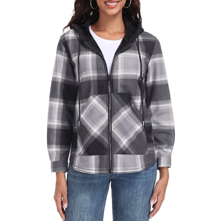 JWD Womens Plaid Shacket Jacket Long Sleeve Button Down Fleece Hooded Jackets Warm Coat