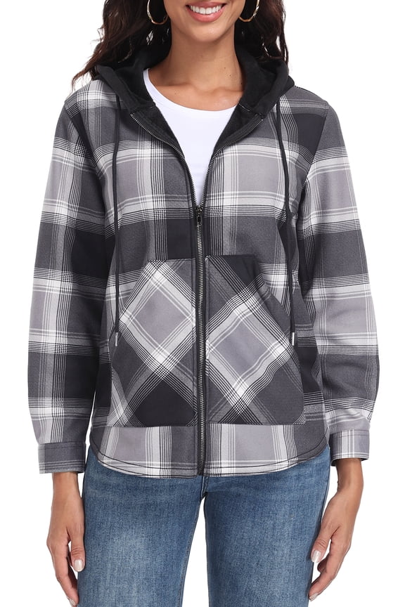 Womens Plaid Shacket Jacket Long Sleeve Button Down Fleece Hooded Jackets Warm Coat