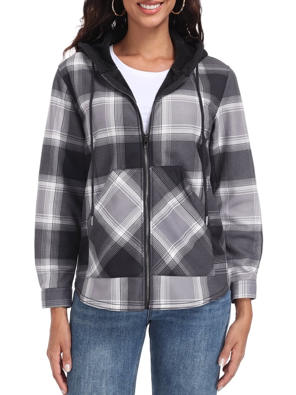 Womens Plaid Shacket Jacket Long Sleeve Button Down Fleece Hooded Jackets Warm Coat