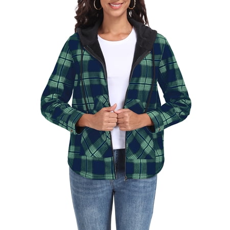JWD Womens Plaid Shacket Jacket Long Sleeve Button Down Fleece Hooded Jackets Warm Coat