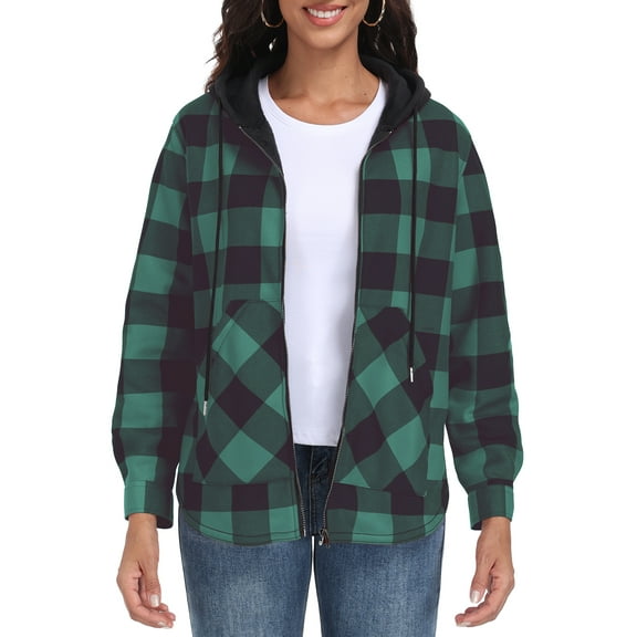 JWD Womens Plaid Shacket Jacket Long Sleeve Button Down Fleece Hooded Jackets Warm Coat