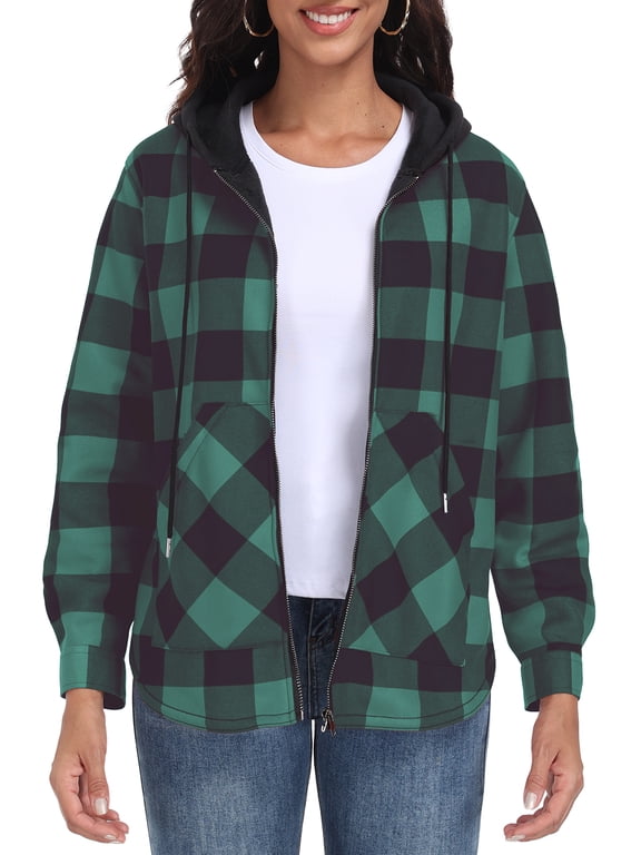 Womens Plaid Shacket Jacket Long Sleeve Button Down Fleece Hooded Jackets Warm Coat