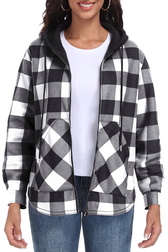 Womens Plaid Shacket Jacket Long Sleeve Button Down Fleece Hooded Jackets Warm Coat