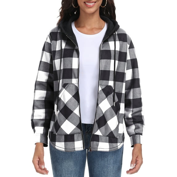 JWD Womens Plaid Shacket Jacket Long Sleeve Button Down Fleece Hooded Jackets Warm Coat