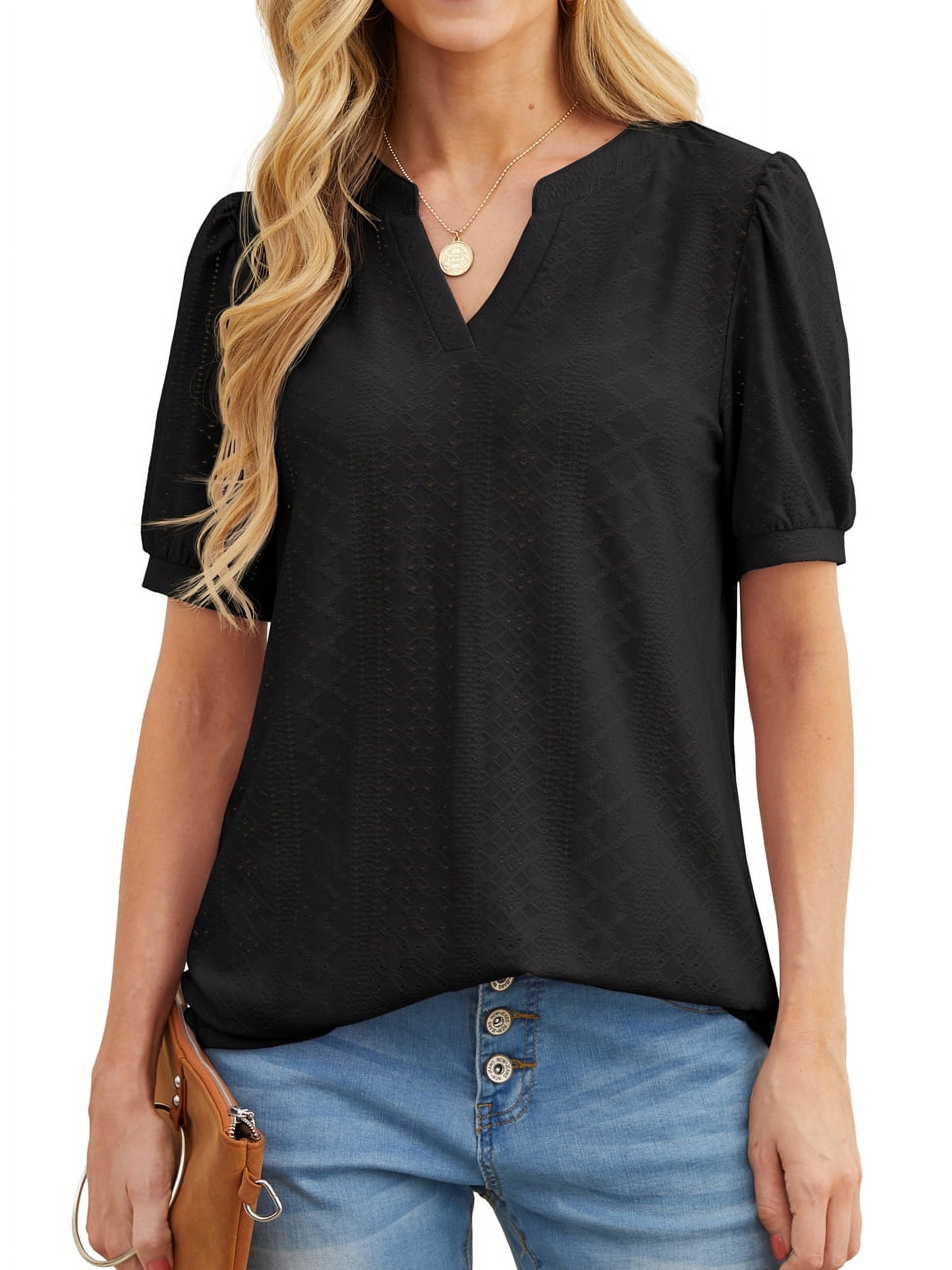 JWD Womens Shirts Casual V Neck Tshirts Puff Short Sleeve Summer Tops Tunic Blouses Black L
