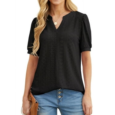 JWD Womens Shirts Casual V Neck Tshirts Puff Short Sleeve Summer Tops Tunic Blouses Black M
