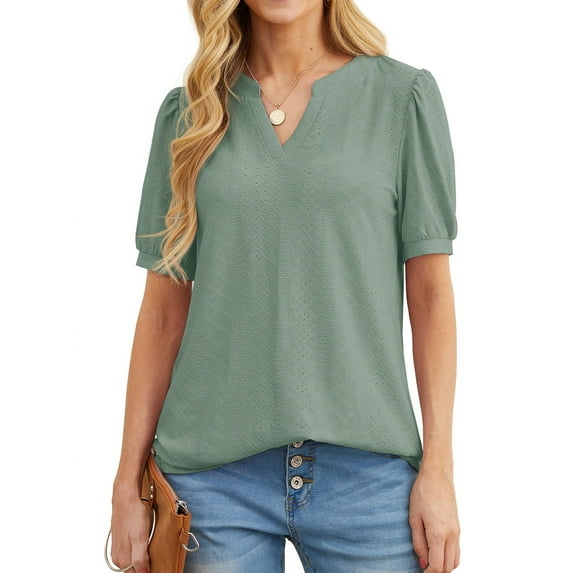 JWD Womens Shirts Casual V Neck Tshirts Puff Short Sleeve Summer Tops Tunic Blouses Dark Green L
