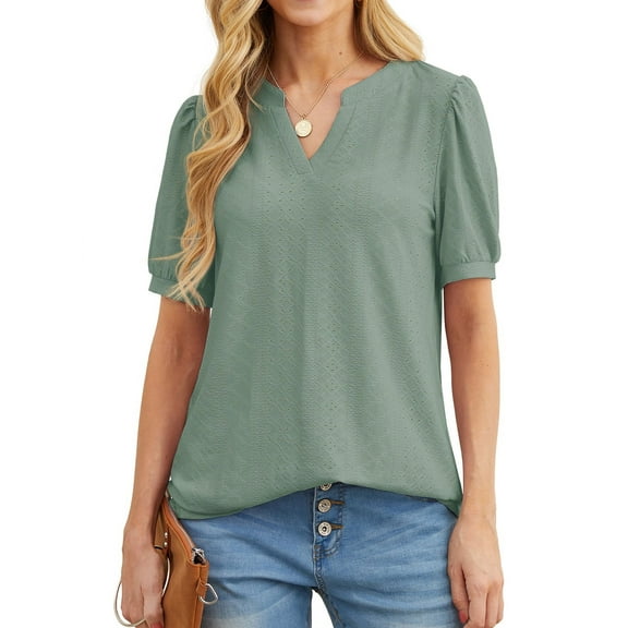 JWD Womens Shirts Casual V Neck Tshirts Puff Short Sleeve Summer Tops Tunic Blouses Dark Green M