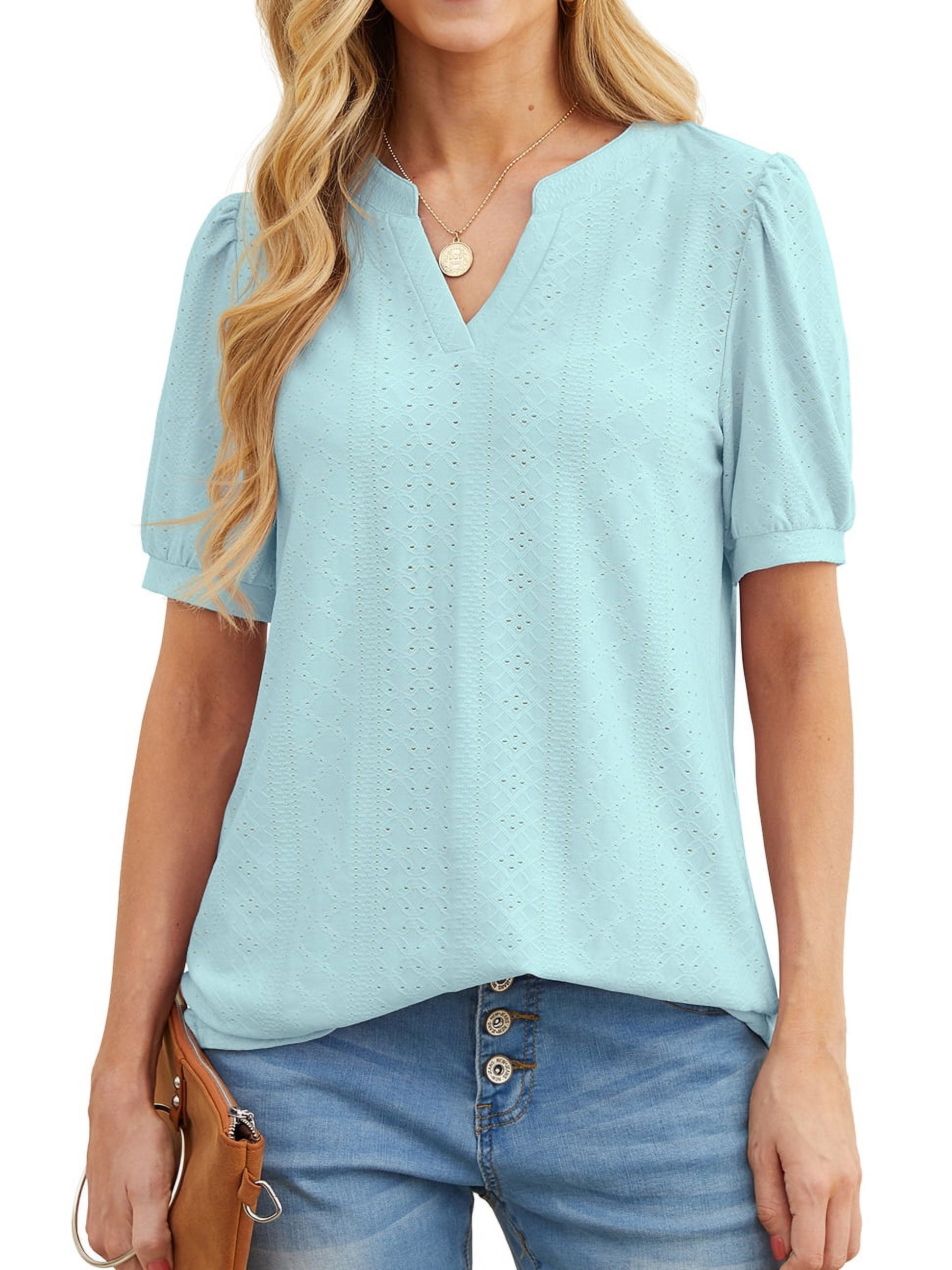 Women’s Summer Tops 2025: Embroidered V-Neck Blouse With Puff Sleeves | Casual Button-Down Shirt For Office & Outings