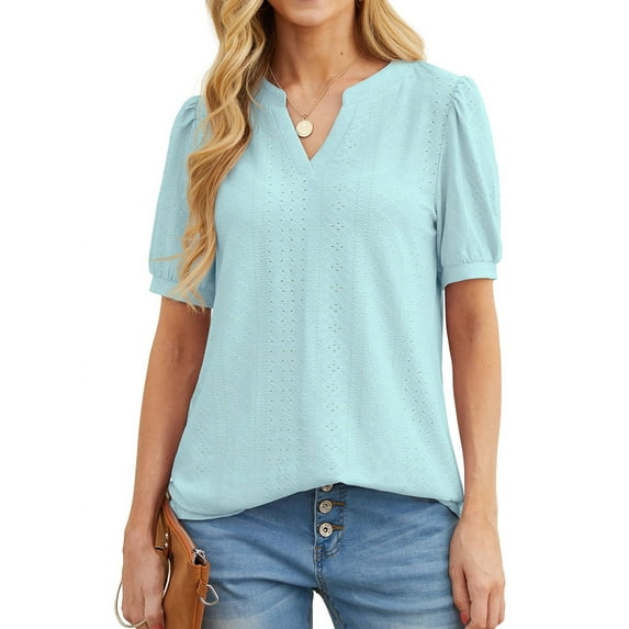 JWD Womens Shirts Casual V Neck Tshirts Puff Short Sleeve Summer Tops Tunic Blouses Light Blue S