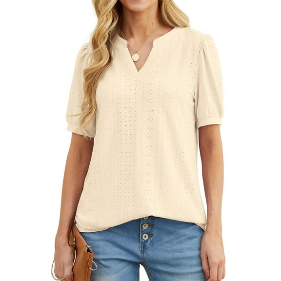 JWD Womens Shirts Casual V Neck Tshirts Puff Short Sleeve Summer Tops Tunic Blouses Light Yellow M
