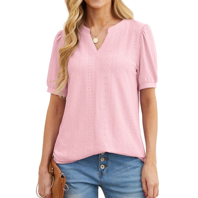 JWD Womens Shirts Casual V Neck Tshirts Puff Short Sleeve Summer Tops ...