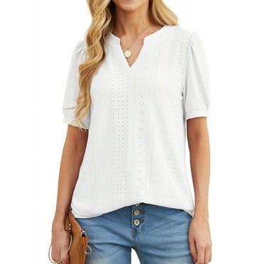 JWD Womens Shirts Casual V Neck Tshirts Puff Short Sleeve Summer Tops Tunic Blouses White L