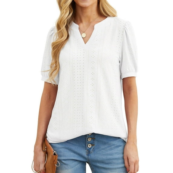 JWD Womens Shirts Casual V Neck Tshirts Puff Short Sleeve Summer Tops Tunic Blouses White L