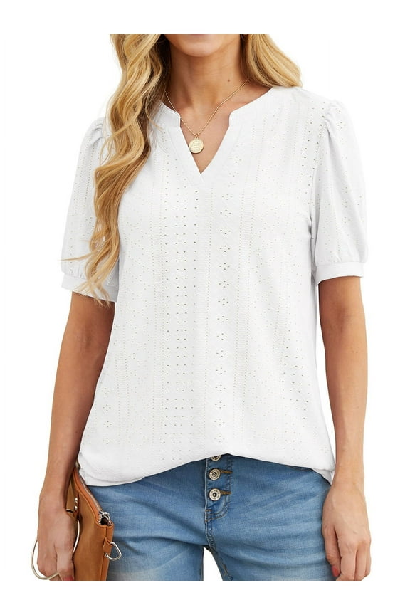 Womens Shirts Casual V Neck Tshirts Puff Short Sleeve Summer Tops Tunic Blouses White L